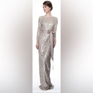 Tadashi Shoji Boat Neck 3/4 Sleeve Sequin Lace Ribbon Belt Gown Dress  Sz‎ 2